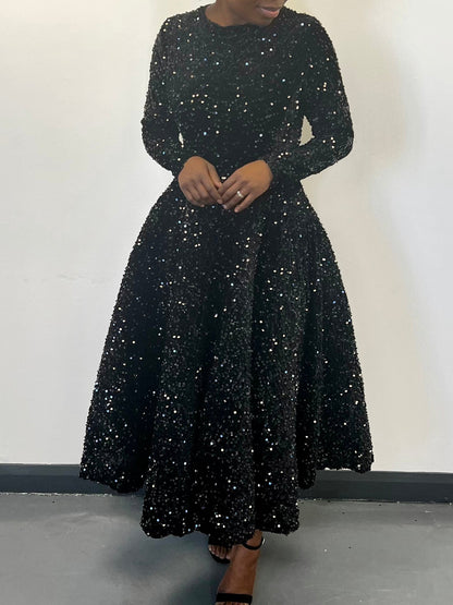 LOVERCCR  D469 Cross-Border New Arrival Women's round Neck Long Sleeve Pure Color Sequins High Waist Temperament Mid-Length Formal Dress European and American Style Dress