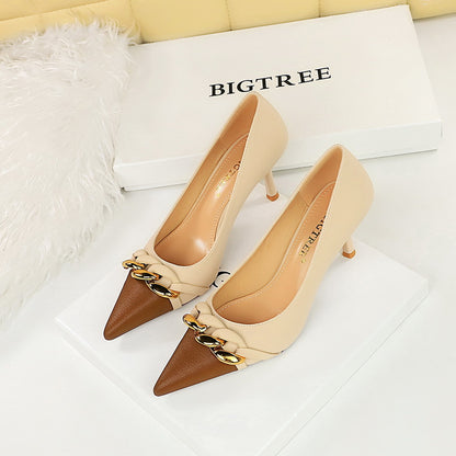 LOVECCR 2025 9283-A2  style banquet women's shoes thin heel high heel light mouth color matching pointed metal chain decorative fashion shoes