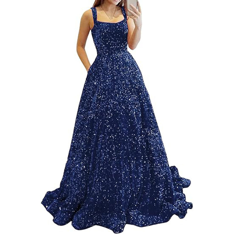 LOVECCR Foreign Trade  Prom Dresses Long A- line Formal Evening Gown with Pockets Side Slit Glitter Party Dress