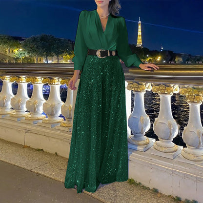 New women's clothing  new models, fashionable V-neck long-sleeved shirt temperament elegant waist and thin sequins wide legs