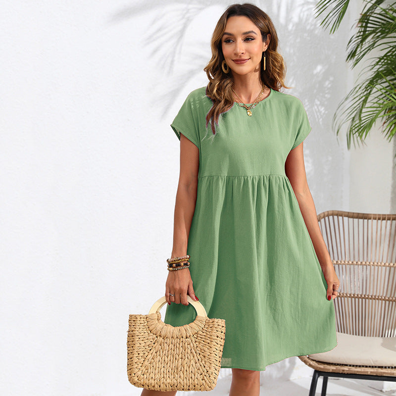 Cross-Border Foreign Trade   European and American Fashion Summer Ol Temperament Cotton Linen round-Neck A- line Skirt Pocket Dress