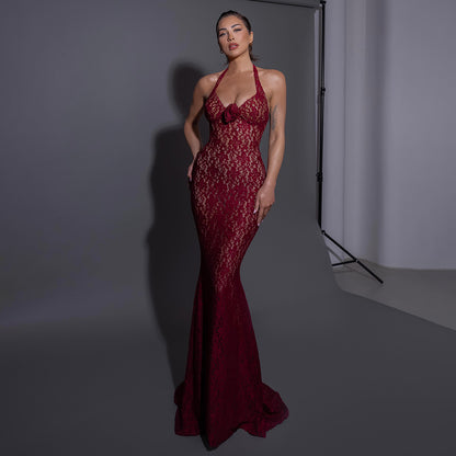 LOVECCR popular summer suspender neck slim fit 2025 red new lace mesh dress long dress evening dress wholesale