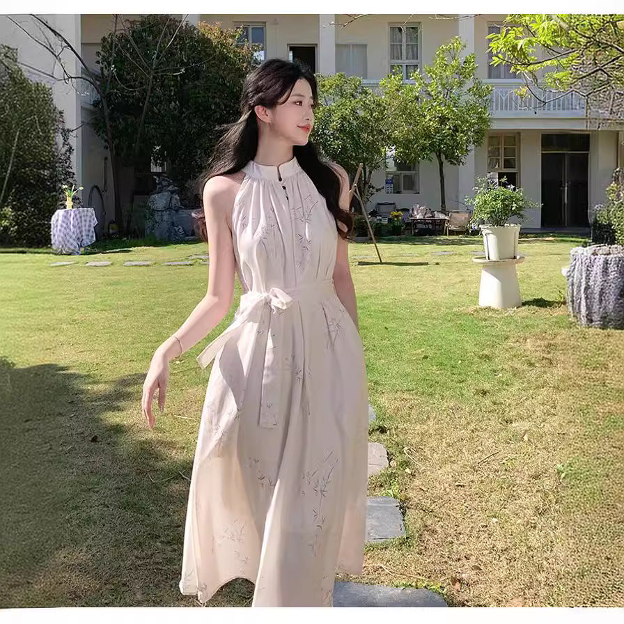 2025 New Chinese style sleeveless neck dress women's summer seaside vacation waist beach dress zen niche long dress