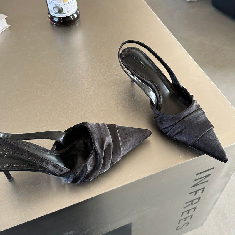 loveccr  Spring and Summer New Pleated Small Sharp Point High Heels Strap Low-Cut Toe Cap Sandals for Women Silver Dinner Party Shoes