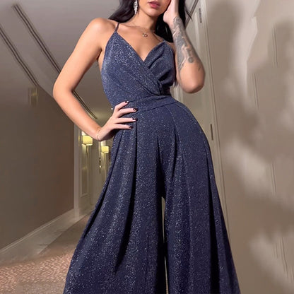 2025 2025 New Popular trade new  sleeveless suspenders V-neck tight-fitting hip-wrapped backless wide-leg jumpsuit