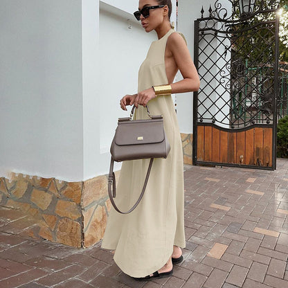 2025 Casual sexy summer lace-up halter fashion dress long dress Russian cotton and linen breathable khaki long dress women's clothing