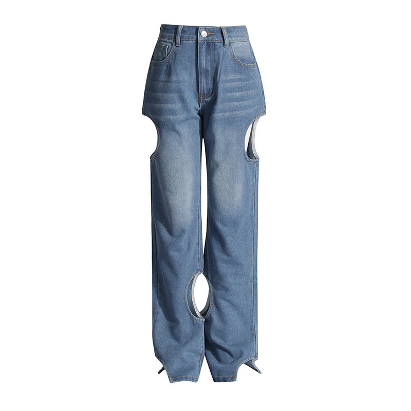2025 Fashion and casual high-end straight-leg pants  spring new high-waisted hollow design women's jeans