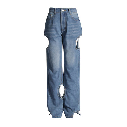 2025 Fashion and casual high-end straight-leg pants  spring new high-waisted hollow design women's jeans