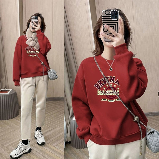 popular Spring and Autumn New Korean Edition Fashion Crew Neck Sweater Women's Loose Long Sleeve Small Versatile Fleece Top Trend