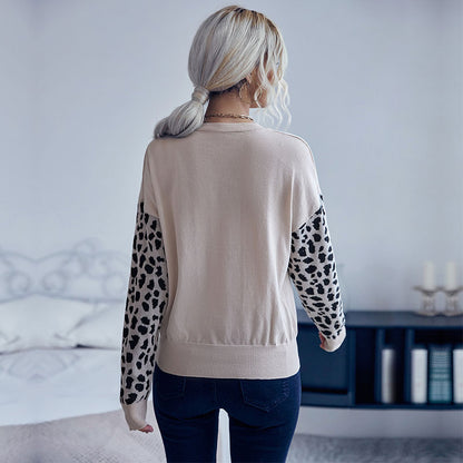 LOVECCR Popular trade New autumn new V-neck knitted sweater pullover Popular trade splicing leopard print sweater bottoming shirt women
