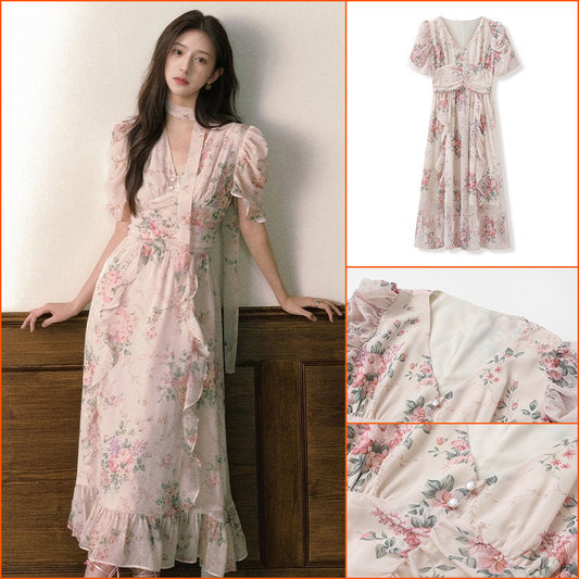 summer new floral bubble sleeve dress sweet, fresh and beautiful design fairy dress M4232