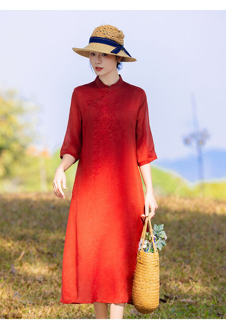 New Chinese Style Cotton and Linen Women's Clothing Ramie Dress  Spring and Summer New Stand Collar National Style Retro Improved Cheongsam Wholesale