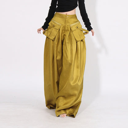 2025 spring new fashion loose wide-leg pants pleated splicing zipper pocket design straight casual trousers