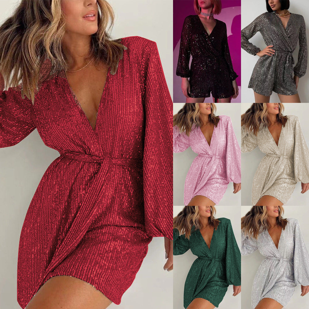 2025 new 2025 New  direct sales holiday party fashion sequin long-sleeved dress jumpsuit shorts
