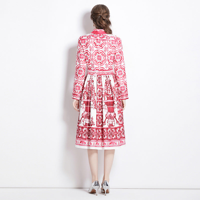 Retro court style light luxury temperament long sleeve lapel waist celadon printed a-word dress elegant dress long dress