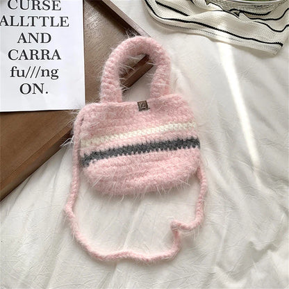 eybag  -  Coarse Crochet Knitted Shopping Bag Women's Winter Clashing Wool Tote Bag Mini Plush Crossbody Shoulder Bag Mobile Phone Handbag