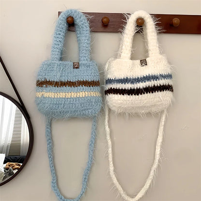 eybag  -  Coarse Crochet Knitted Shopping Bag Women's Winter Clashing Wool Tote Bag Mini Plush Crossbody Shoulder Bag Mobile Phone Handbag