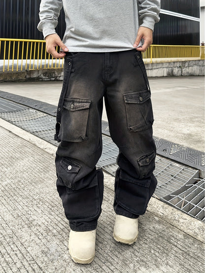 Men's Casual Loose Fit Cotton Denim Cargo Pants - All-Season Wear, Drawstring Waist