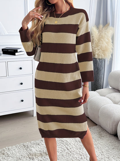 Cozy Stripe Pattern Long Sleeve Knit Dress - Soft Crew Neck, Split Hem, Loose Fit, Winter & Fall Essential - Women's Casual Clothing for Everyday Wear