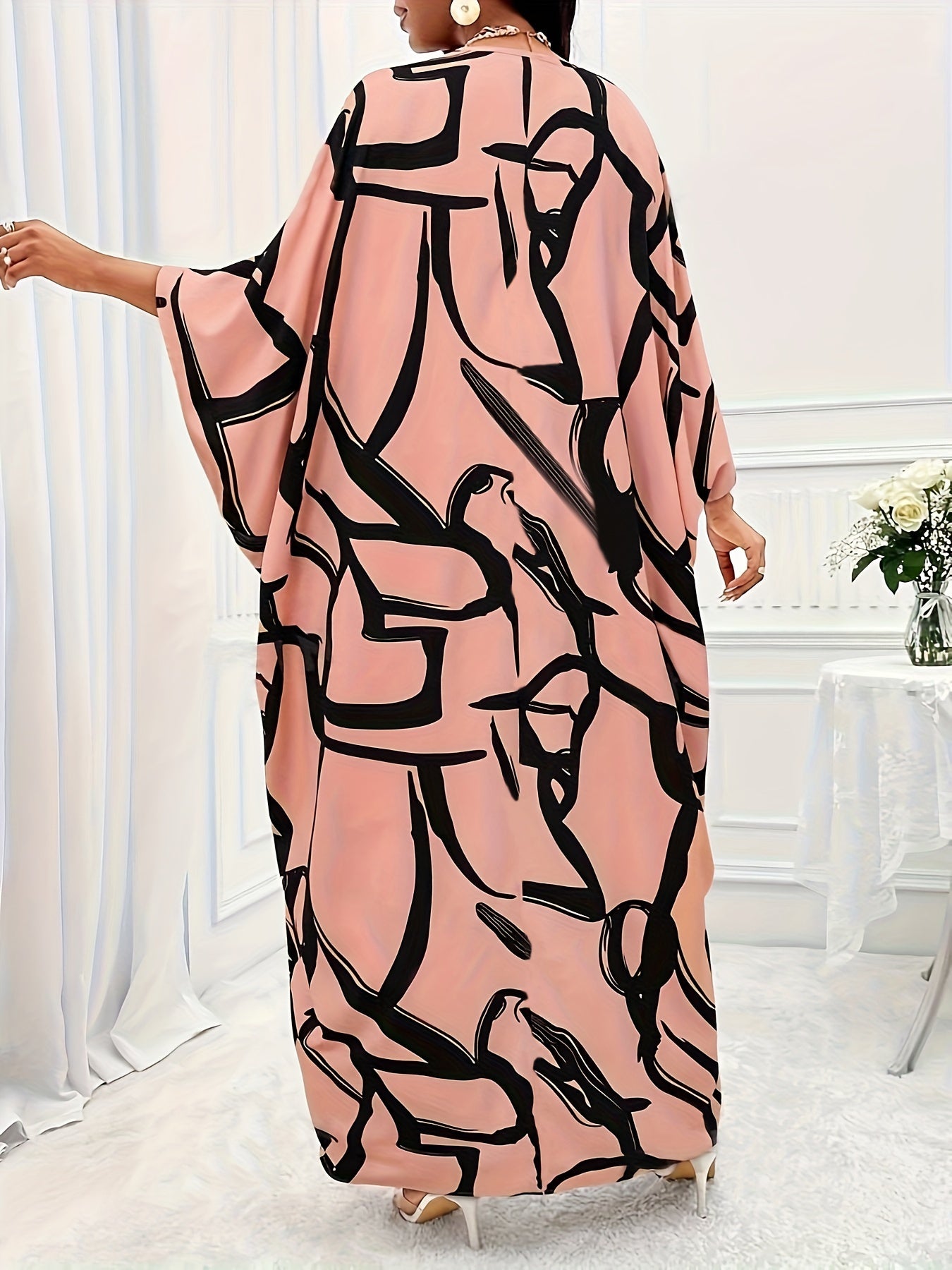 Two-Piece All Over Print Elegant Outfit - V Neck Batwing Sleeve Slit Top & High-Waisted Pants Set - Polyester, Non-Elastic, Woven, Random Print, Suitable for All Seasons