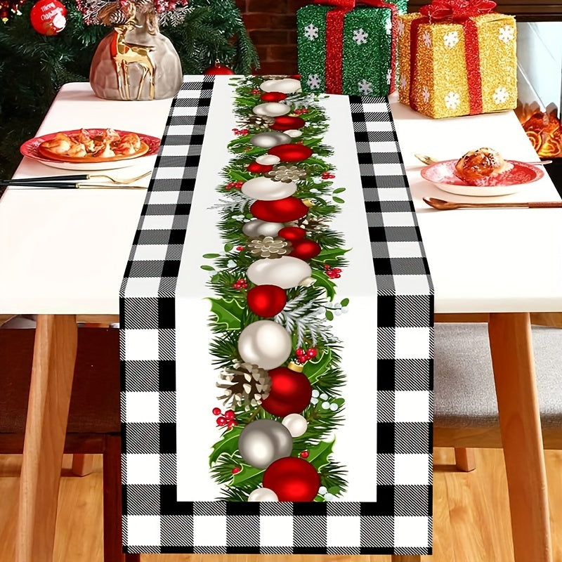 Christmas Table Runner - 1pc Polyester Buffalo Check with Festive Xmas Balls Print, Perfect for Home Decor, Holiday Gatherings, Wedding, Bridal Shower, Birthday, Anniversary - Machine-Washable Table Decor