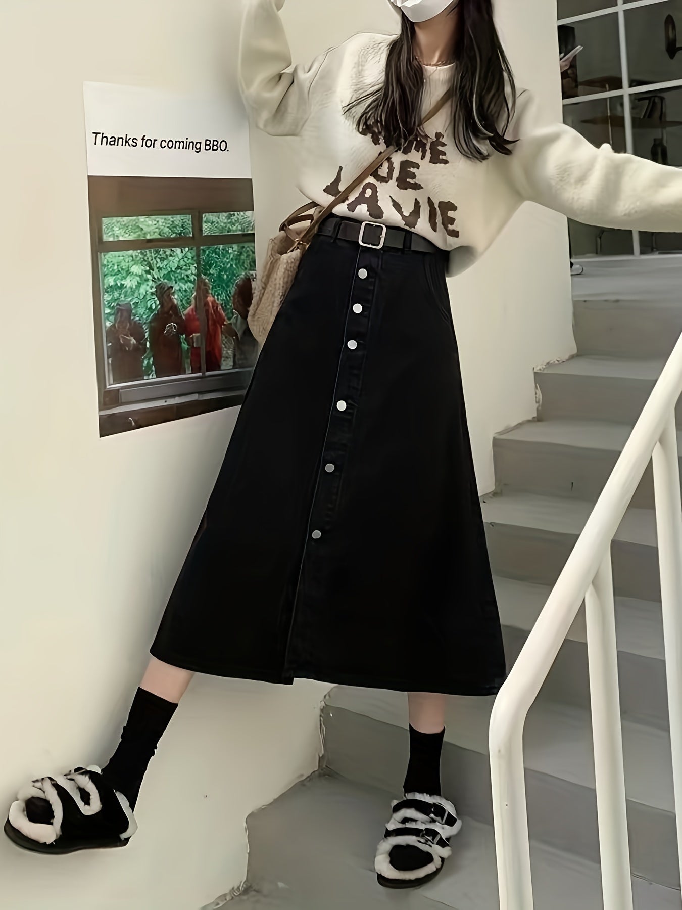 Chic Single-Breasted Denim Midi Skirt - Fashionable Button Detail, Non-Stretch, Casual Style - Womens Premium wardrobe Staple