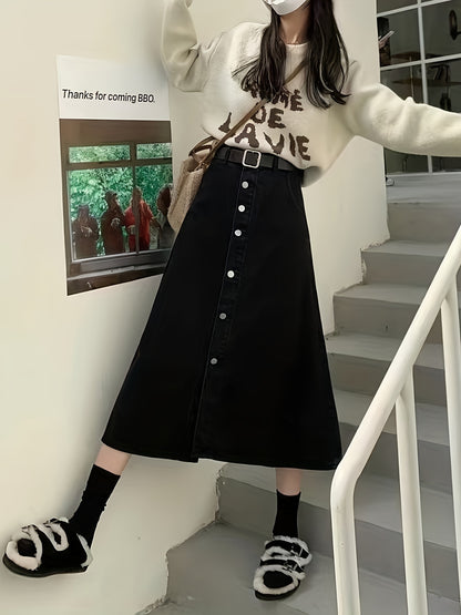 Chic Single-Breasted Denim Midi Skirt - Fashionable Button Detail, Non-Stretch, Casual Style - Womens Premium wardrobe Staple