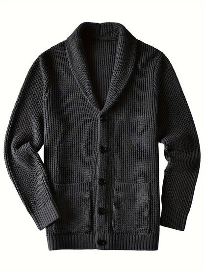Mens Long Sleeve Green Shawl Collar Solid Color Acrylic Knit Cardigan Sweater with Pocket - Soft, Slight Stretch Fabric, Regular Fit, Placket Closure - Perfect for Fall and Winter Seasons