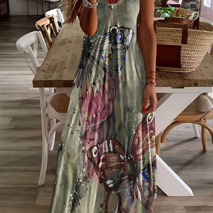 Butterfly Print V-Neck Casual Dress - Lightweight & Feminine for Spring & Summer - Short Sleeve, Comfortable Fit - Trendy Womens Clothing for Warm Weather