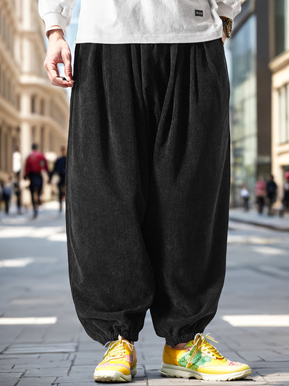 Super Loose Fit Mens Corduroy Trousers - Ultra Comfy Drawstring Harem Pants for Yoga, Streetwear - Soft Polyester, Solid Color, Regular Length, Non-Stretch, Perfect for Spring and Fall Seasons