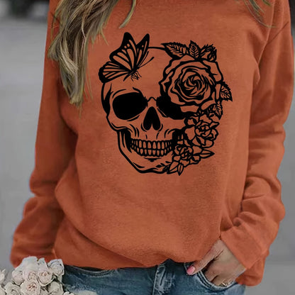 Trendy Rose Skull Graphic Loose Fit Sweatshirt - Soft, Casual, Long Sleeve Crew Neck Design, Women's Fashion Clothing for Everyday Wear