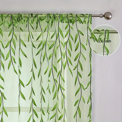 1pc Elegant Willow Leaf Strip Window Sheer Curtains for Home Decor - Rod Pocket Design for Kitchen, Bedroom, Study, Cafe, and Living Room