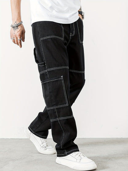 Mens Casual Cargo Pants with Spacious Pockets - Comfortable Straight Leg, Loose Fit Denim Style - Perfect for Outdoor Adventures, Trendy K-pop Inspired