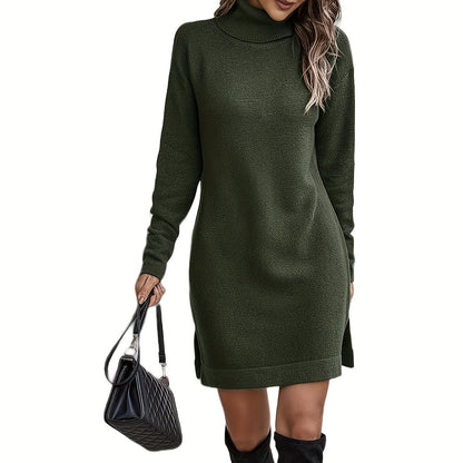 Turtle Neck Slit Side Sweater Dress, Casual Long Sleeve Knitted Dress For Fall & Winter, Women's Clothing