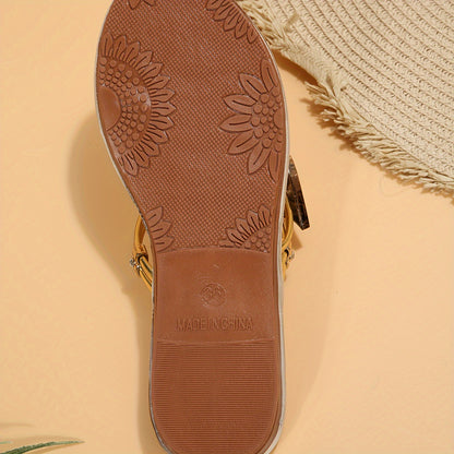 Womens Chic Solid Color Flat Slide Sandals - Slip-On, Lightweight, Round Toe, Faux Leather Upper, Rubber Sole, Comfortable, Breathable, Perfect for Casual Summer Outings