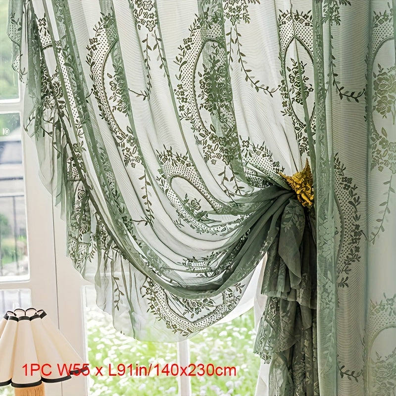 1pc Romantic Vintage Green Floral Embroidery Lace Voile Sheer Curtain - Ruffled Short Window Drapery for Bedroom Office Kitchen Living Room Study - Elegant Home Decor with Soft Filtered Light and Privacy