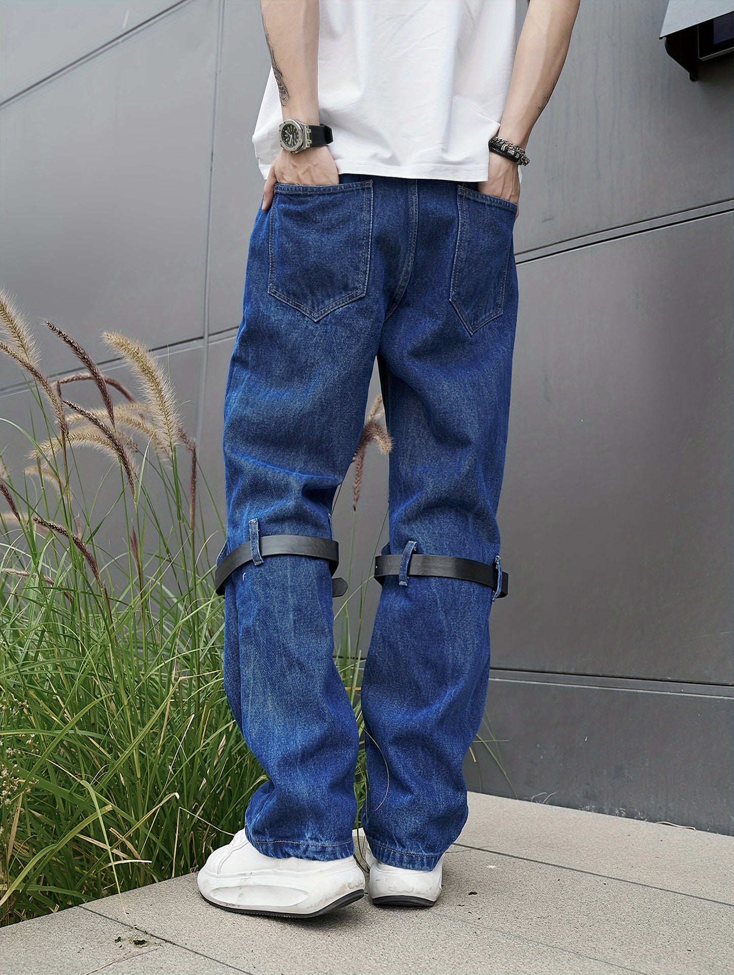 Mens Casual Loose Cargo Jeans - Solid Cotton Blend with Adjustable Drawstring & Multiple Pockets - All Seasons, Rugged for Outdoor, Leisure, and Work Wear