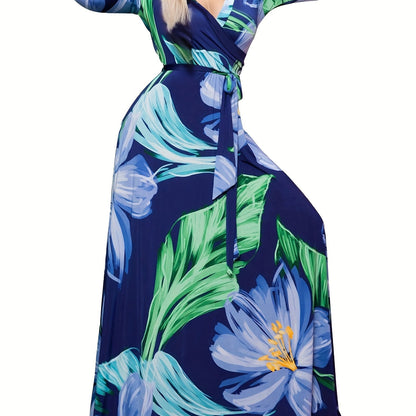Charming Color Block Surplice Dress with Belt - Flattering Neckline & 3/4 Sleeves - Ideal for Spring to Summer - Womens Fashion Essential