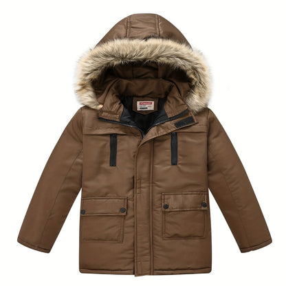 Teenagers Lapel Collar Winter Coat - Detachable Hood, Zipper Closure, Polyester Fabric, Regular Fit, Hand Washable - Solid Color, Casual Style, Woven Construction
