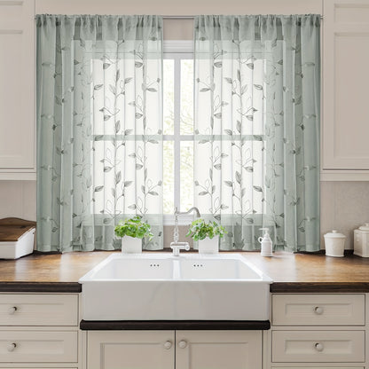 2pcs Sheer Curtains With Embroidery Leaf Pattern, Rod Pocket Faux Linen Floral Semi Curtains Voile Window Curtains Kitchen Curtains, Drapes for Bedroom Living Room