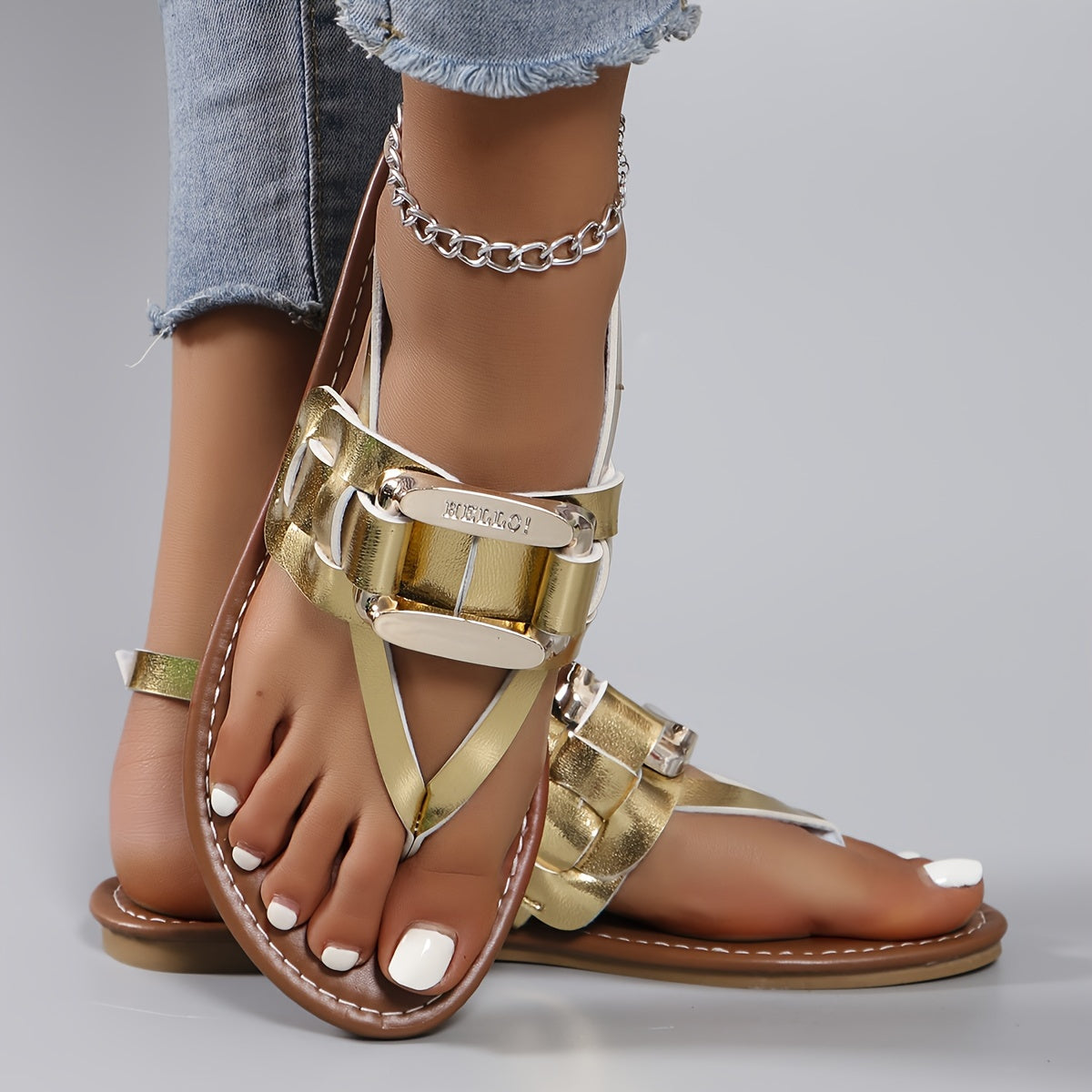 Stylish Flat Sandals for Women - Buckle Ankle Strap, Lightweight, Open Toe, Faux Leather Upper, TPR Sole, Metallic Buckle Clip, Perfect for Beach Vacation and Daily Wear