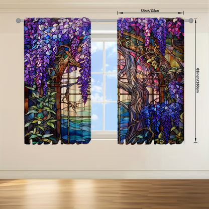 2pcs Stained Glass Flower Wisteria Printed Curtain For Home Decor Rod Pocket Window Treatment For Bedroom, Office, Kitchen, Living Room, And Study