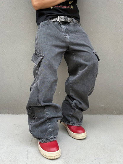 Relaxed Fit Wide Leg Cargo Jeans - Men's Stylish Comfortable Denim Pants for Street Fashion - Loose Fit, Comfy, Fashionable, and Practical