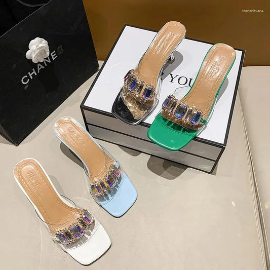 Slippers 8 Cm High Heels Green Women Slides Elegant Crystal Ladies Summer Shoes