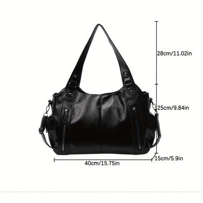 Soft Casual Women's PU Leather Tote Bag - Adjustable Strap Shoulder Bag with Zipper Closure, Spacious Vintage Style Handbag for Work and Commuting