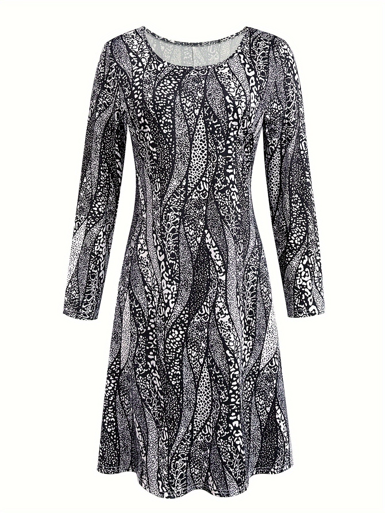 Long Sleeve A-Line Peplum Dress - Soft Micro Elasticity Dacron and Spandex Blend, Machine Washable, Crew Neck, Random Motif Cachemire Printing, Perfect for Fall and Winter Vacation - Womens Elegant Crew Neck Dress for Spring and Fall Season
