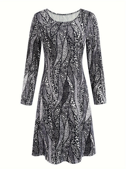 Long Sleeve A-Line Peplum Dress - Soft Micro Elasticity Dacron and Spandex Blend, Machine Washable, Crew Neck, Random Motif Cachemire Printing, Perfect for Fall and Winter Vacation - Womens Elegant Crew Neck Dress for Spring and Fall Season