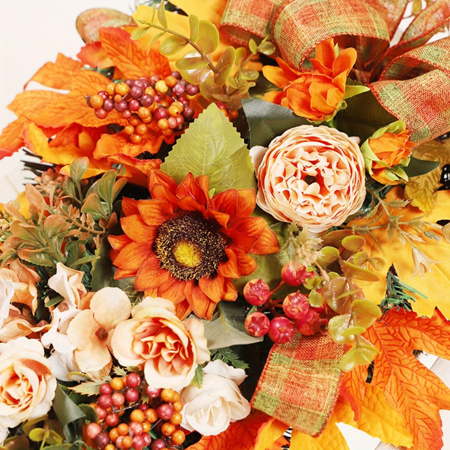 21" Fall Wreath for Front Door Decor with Sunflowers, Peony, Maple Leaves and Berries Autumn Harvest Thanksgiving Decoration