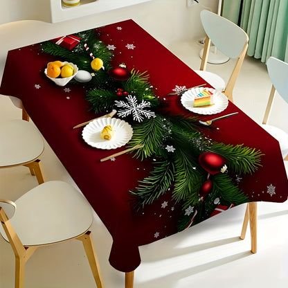 1pc Christmas Joy Tablecloth, Festive Red with Christmas Pine & Ornaments, Polyester Woven Table Runner, Machine-Made, Easy Clean & Dry, Square/Rectangular for Dining, Kitchen, and Living Room Decor, Gift Idea