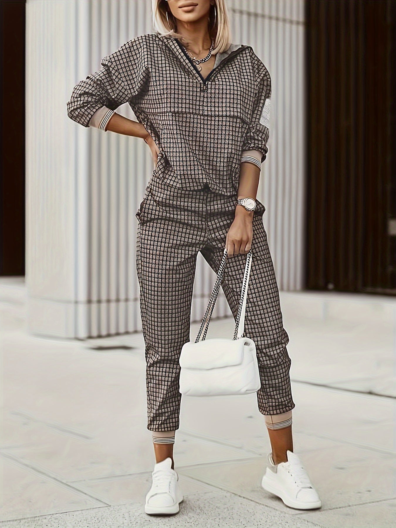 Trendy Plaid Two-Piece Set - Comfortable Zip Hoodie & Pants Outfit - Womens Casual Fashion Wardrobe Staple